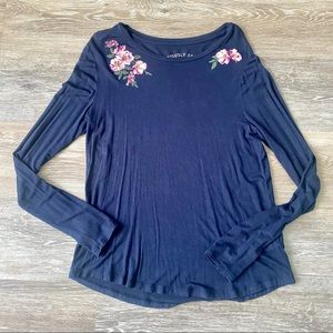 Seriously Soft Perfect Crew Navy Blue and Pink Floral Embroidered Blouse